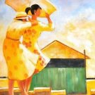 ORIG SIGNED OIL PAINTING 24X27 UNSTRETCHED CANVAS SUNNY BEACH OCEAN WIND LADIES
