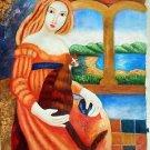 ORIG SIGNED COLA OIL PAINTING 24X27 UNSTRETCHED CANVAS 16A00'S ORANGE LADY & CAT