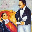 ORIG SIGNED K POLK OIL PAINTING 24X27 UNSTRETCHED CANVAS CAFE WAITER FAT WINE