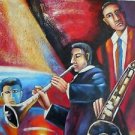 ORIG SIGNED OIL PAINTING 24X27 CANVAS MODERN ART JAZZ MUSIC CLUB HORN DRUMS SAX