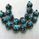 Round Black Lampwork Glass Beads with Aqua Flower, 8 beads 12mm