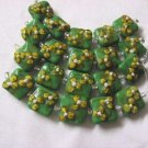 Square Green lampwork glass beads with Yellow Flower, 15mm 5 beads