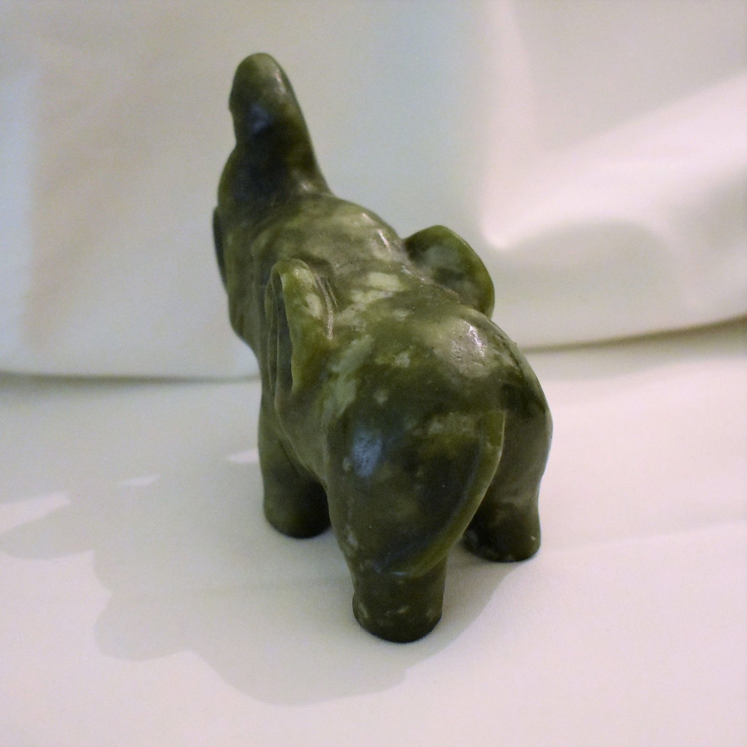 Dark Green and White Jadeite Nephrite Jade Elephant, Hand Crafted, 4 Inches