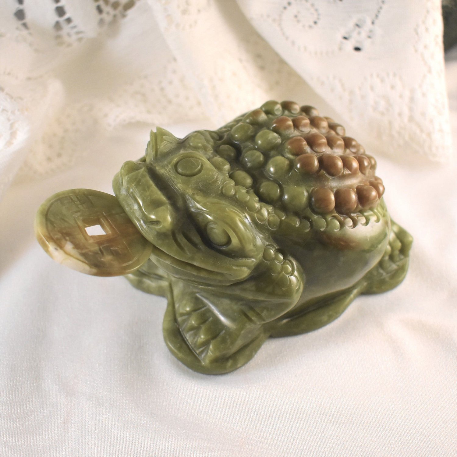 Carved Green Jadeite Jade Money Frog with coin, Hand Crafted, 5 Inches