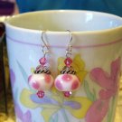 White with Pink Polka Dots Lampwork Glass, Swarovski Crystal Earrings