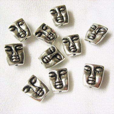 Pewter Face Mask Beads, 2 Sided, 12mm x 10mm, 1 pack, 10 beads, Antique Finish