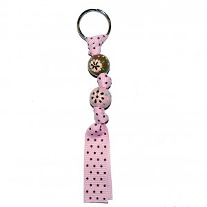 Handpainted Retro Brown & Pink Flower Grosgrain Ribbon Keychain