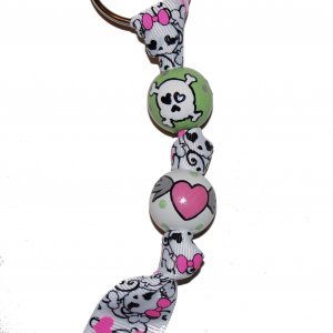 Pink Heart and Skulls Handpainted Grosgrain Keychain