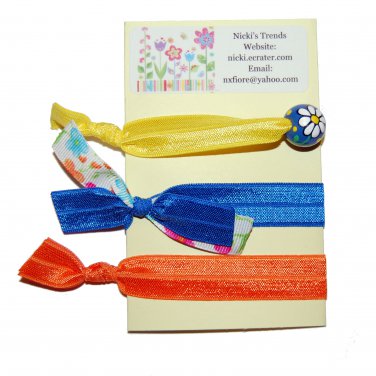 Handpainted Spring Daisy Flower Foldover Elastic FOE Hair Tie Bracelets - Set of 3