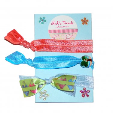 Handpainted Beach Palm Tree Foldover Elastic FOE Hair Tie Bracelets - Set of 3