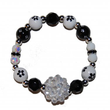 Handpainted Flowers "Clear Sparkle" Black & White Adult Stretch Bracelet