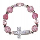 Hand-Painted Sideways Cross Pink Flowers Stretch Bracelet