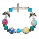 Hand-Painted Sideways Cross Pretty Flowers Stretch Bracelet