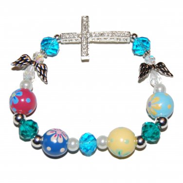 Hand-Painted Sideways Cross Pretty Flowers Stretch Bracelet