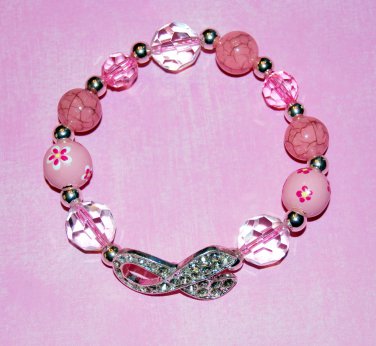 Hand-Painted Sideways Pink Cancer Awareness rhinestone ribbon  Stretch Bracelet
