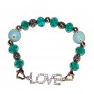 Hand-Painted Sideways Teal "Love" Rhinestone Stretch Bracelet