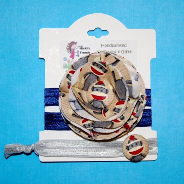 Sock Monkey Handmade Flower Foe Elastic Headband & Matching Hair Tie