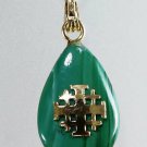 Malachite stone pendant , 14k gold jerusalem cross