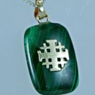Malachite stone pendant set 14k gold jerusalem cross + sterling silver necklace