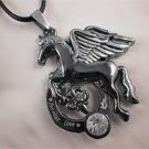 Stainless Steel Pegasus Horse Crystal Pendant Leather Cord Necklace Chain