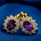 18K Yellow Gold Plated Flower Design Purple & White Cubic Zircons Hoop Earrings