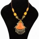 Fashion Orange Gem , Wood & Yellow GP Beaded Necklace & Pendant ! Gift & Jewelry