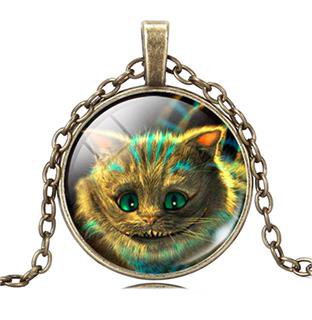 Vintage cat Cabochon Tibetan Bronze Glass Chain Pendant Necklace NEW