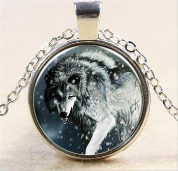 Vintage Wolf Cabochon Tibetan silver Glass Chain Pendant Necklace