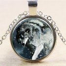 Vintage Wolf Cabochon Tibetan silver Glass Chain Pendant Necklace