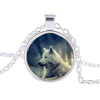 Vintage Grey wolf Cabochon Tibetan Silver Glass Chain Pendant Necklace BX076