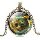 Vintage Cute Cat Cabochon Tibetan Bronze Glass Chain Pendant Necklace NEW