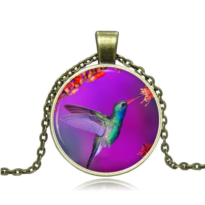 New Vintage Cabochon Bronze Glass Bird Charm Pendant Necklace