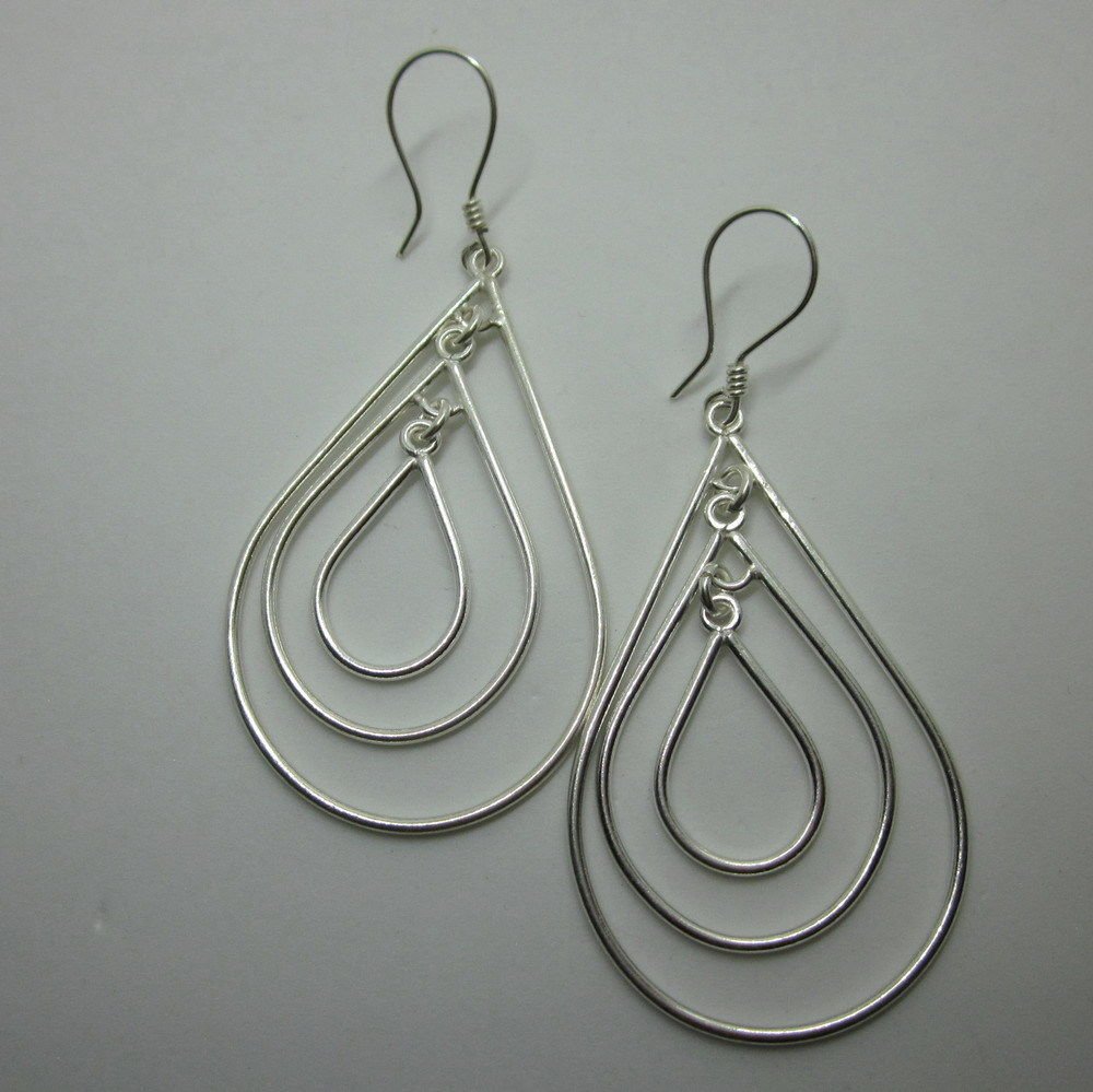 Thai Hill Tribe Earrings Pure Silver Ethnic Triple Oval Hoops Dangle Chandelier