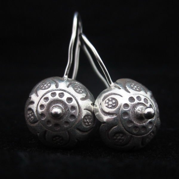 Fine Silver Earrings Ohrringe Schmuck Argento Vintage Tribal Round Engraved