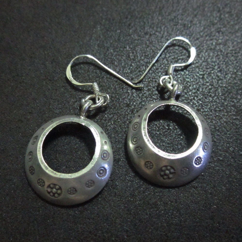 Hill Tribe Fine Vintage Sterling Silver Earrings Religious Tibetan Dangle Hoop
