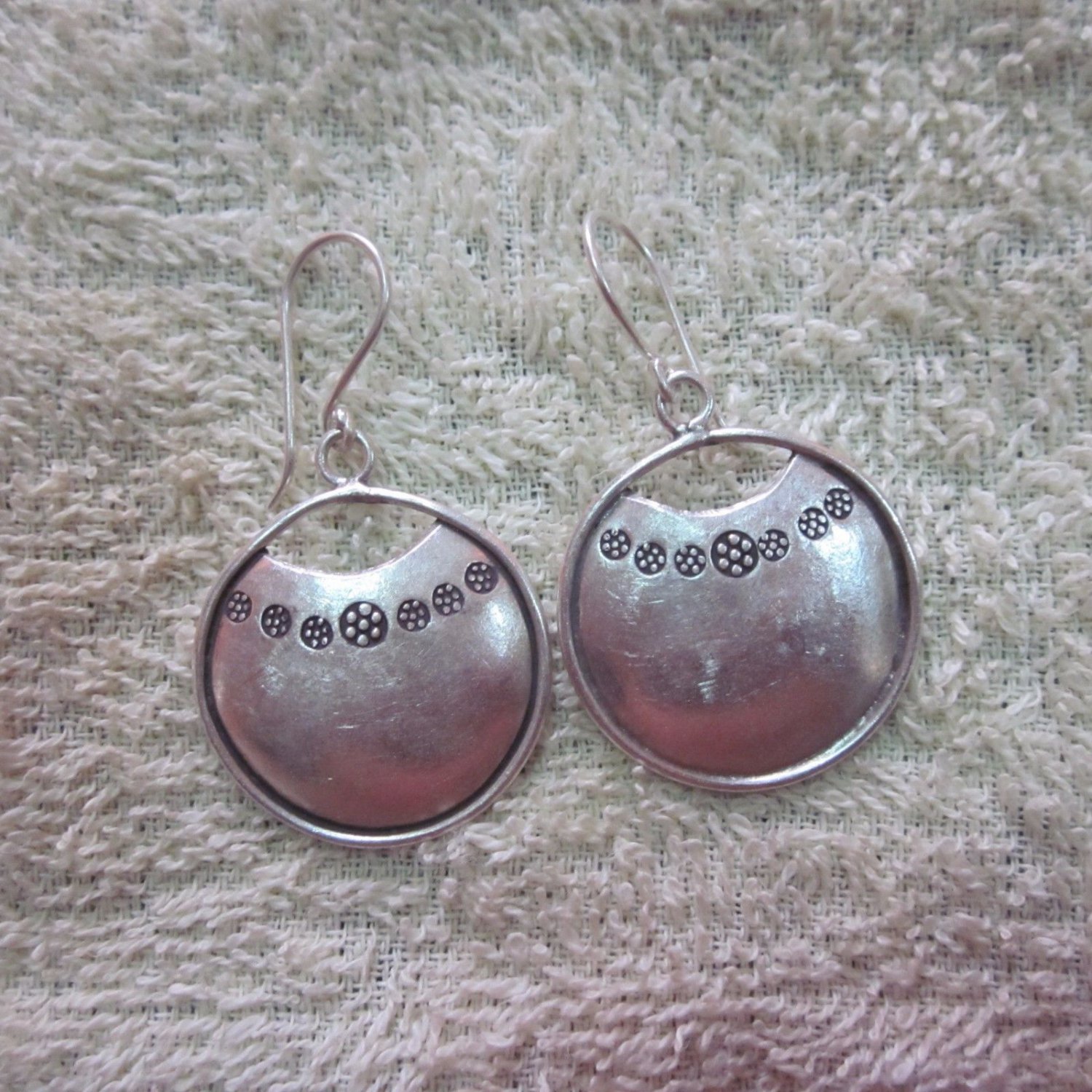 Thai Hill Tribe Earrings Fine Silver Dangle Round Dots Stamp Podduang Regional