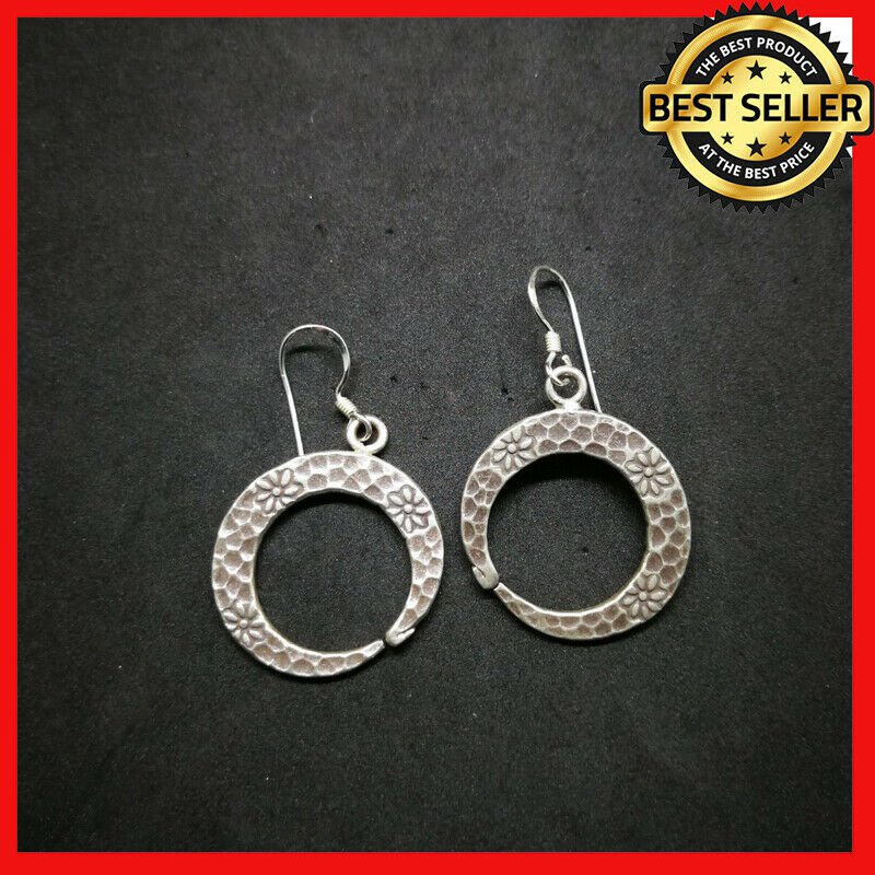 Fine 925 Silver Earrings Vintage Retro Dark Hammer texture Hoop