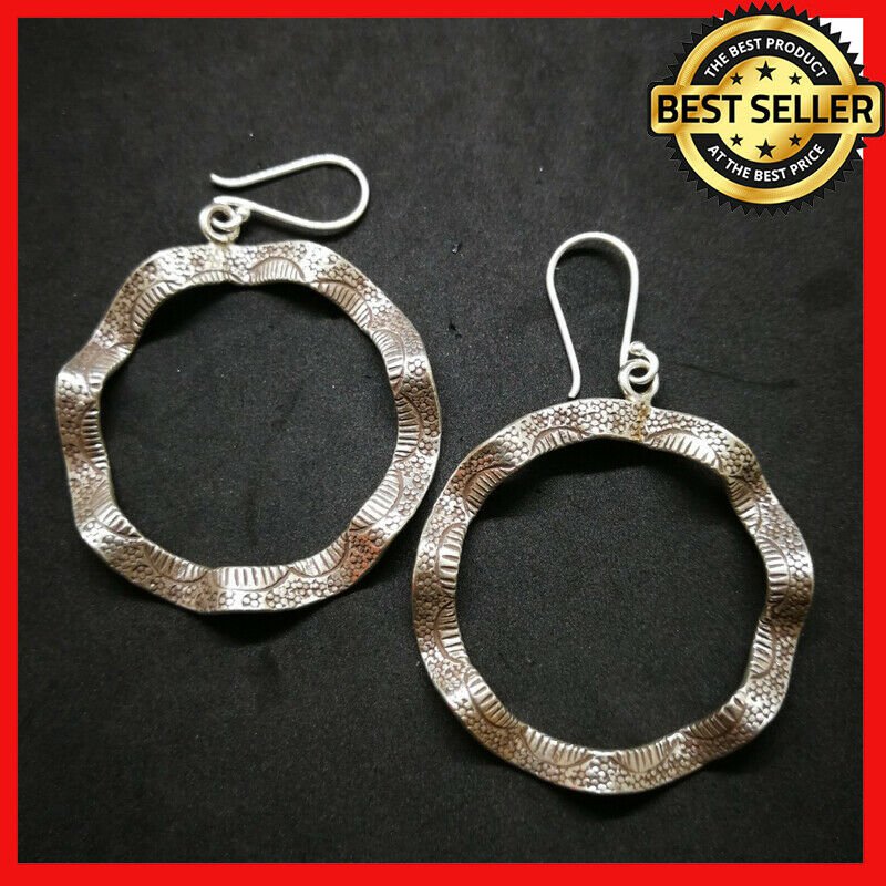 Fine 925 Silver Earrings Vintage wave Loop Hoop Dangle Tibet Texture 60x40 mm