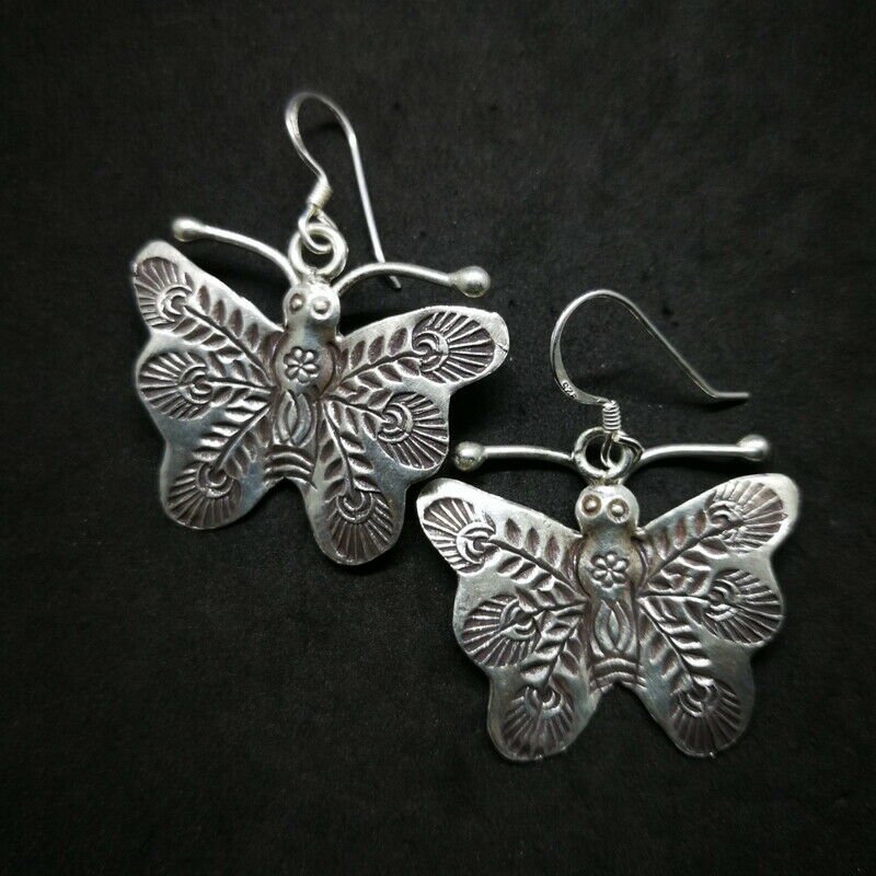 Fine 925 Silver Earrings Asian Tribal Arts Charms Butterfly Moth Type1 30x40 mm