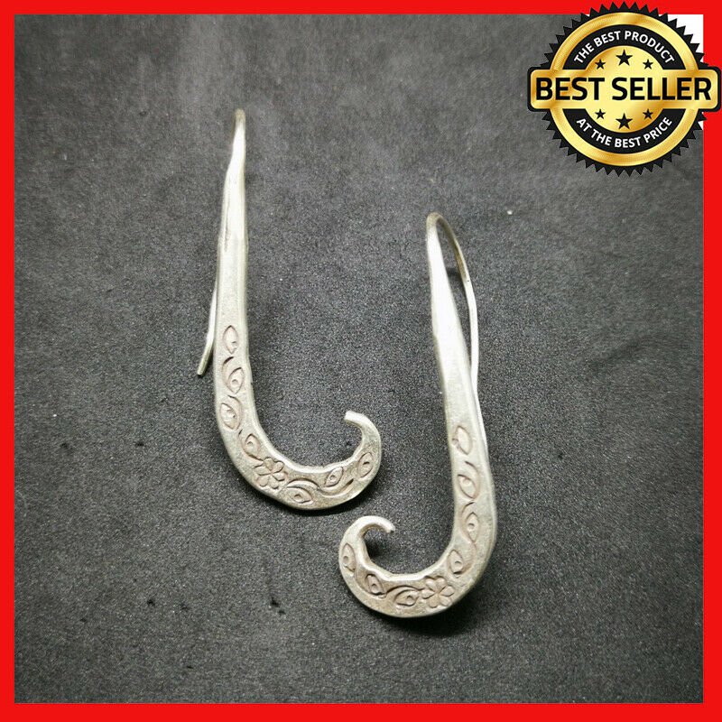 Fine 925 Silver Earrings Vintage Royal Engrave Nature Texture Hook