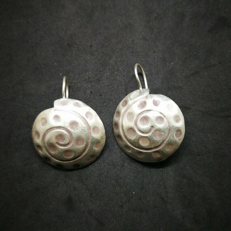 Fine 925 Silver Earrings Vintage Spiral Snails Spots Texture Theme 26x35 mm