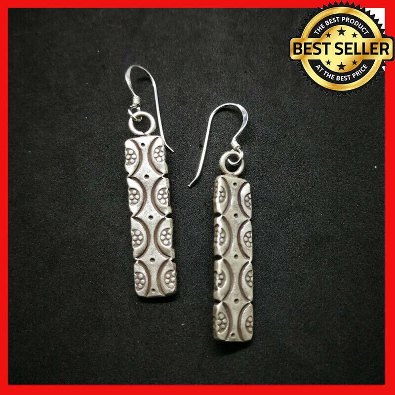 Fine 925 Silver Earrings Vintage long Stick BOHO Texture Engraved