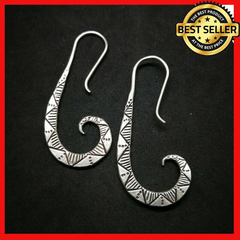 Fine 925 Silver Earrings Vintage Fang Styles Texture Engraved