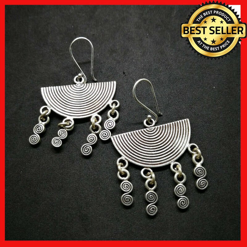 Fine 925 Silver Earrings Vintage Half Round Fan Hangin Spiral