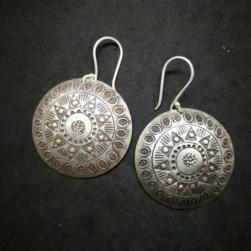 Fine 925 Silver Earrings Vintage Ancient Savage Mayan Theme Engrave 50x34 mm