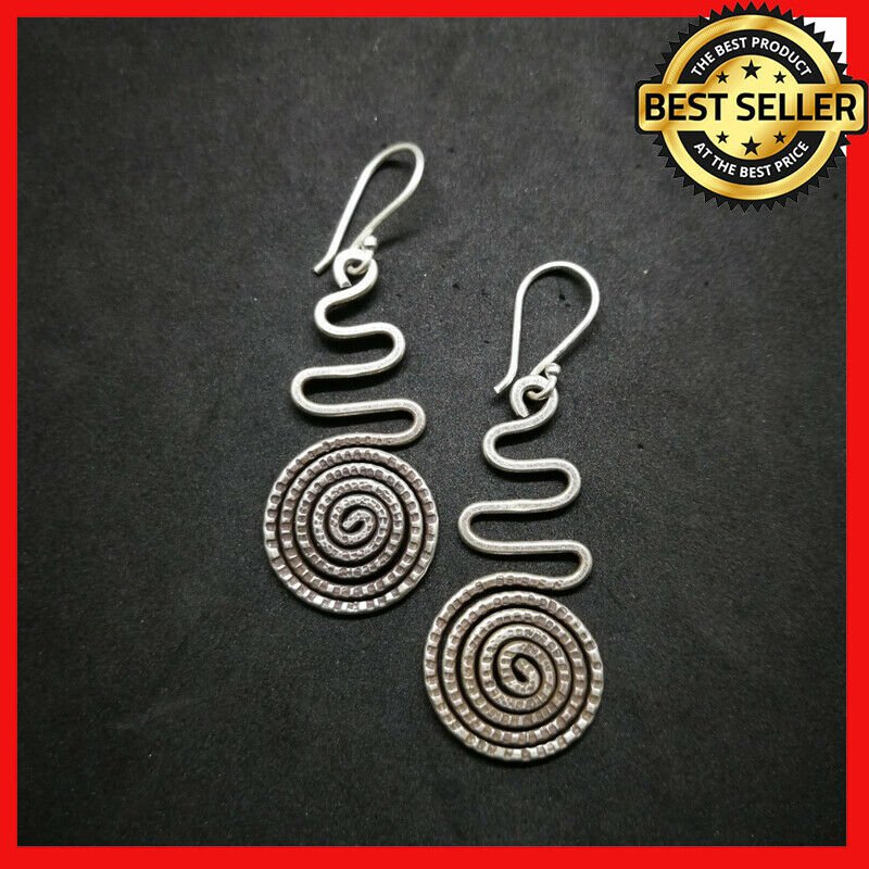 Fine 925 Silver Earrings Vintage Asian Magic Ohm symbol Spiral