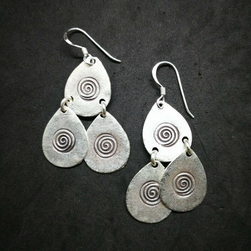 Fine 925 Silver Earrings Vintage Tribal Arts Chandelier Triple Drop Hangin 55 mm