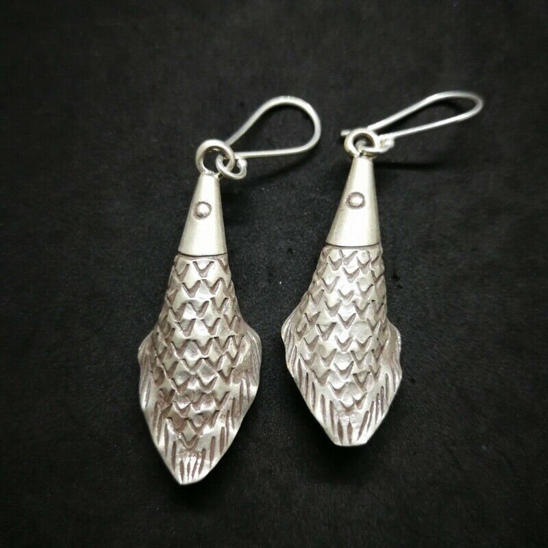 Fine 925 Silver Earrings Vintage Tribal Ancient Skin Savage Short Fish 55 mm