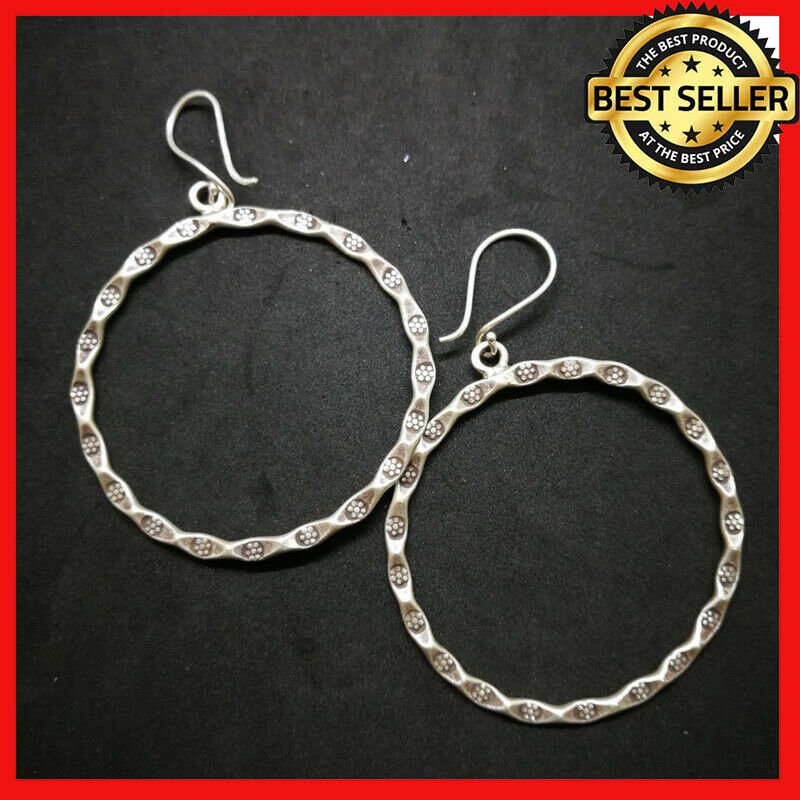 Fine 925 Silver Earrings Vintage Cutting Engrave Thin Loop Hoop Dangle  65x50 mm