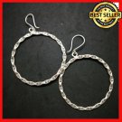 Fine 925 Silver Earrings Vintage Cutting Engrave Thin Loop Hoop Dangle  65x50 mm